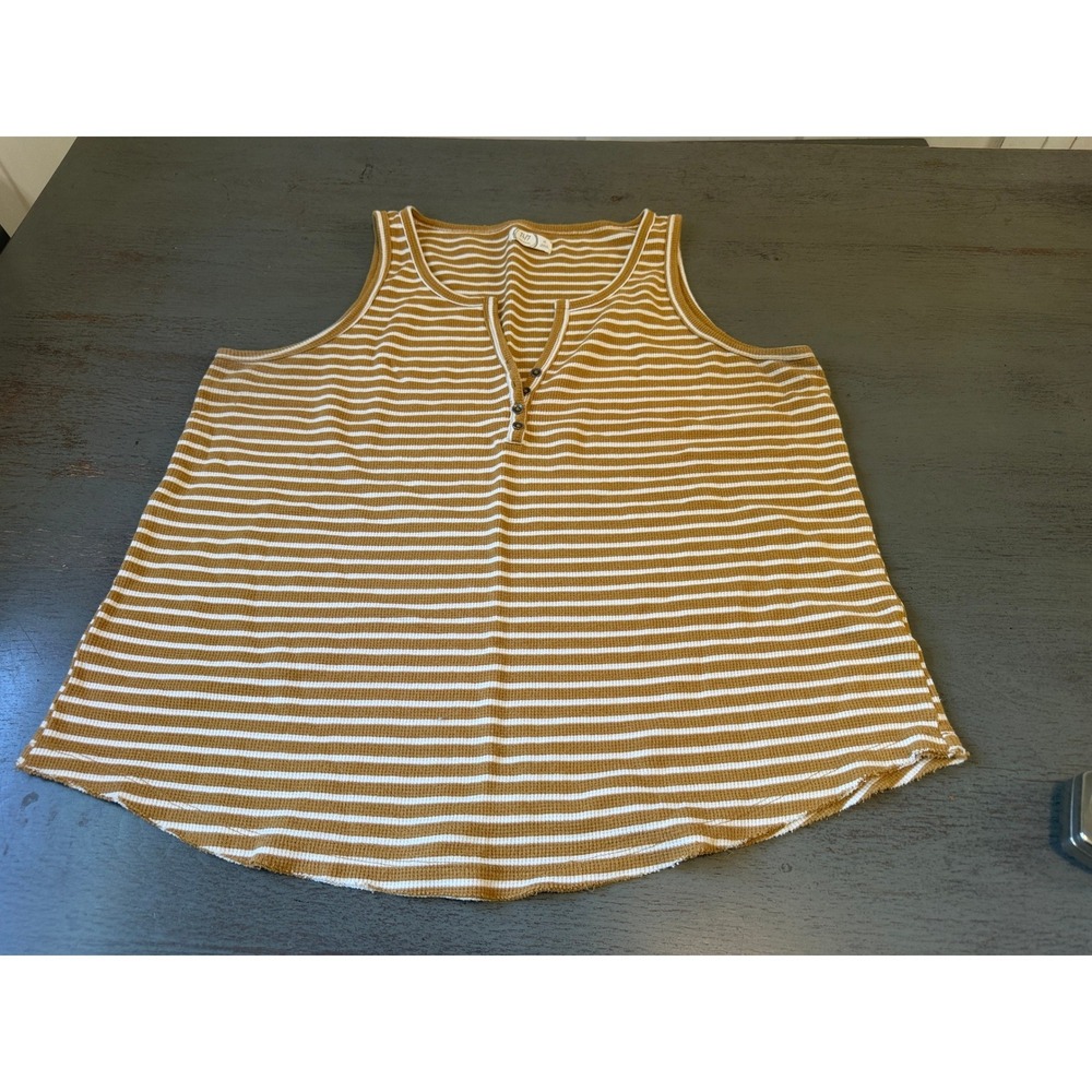 Maurices 24/7 Mustard Yellow Striped Waffle Knit Henley Tank Top XL